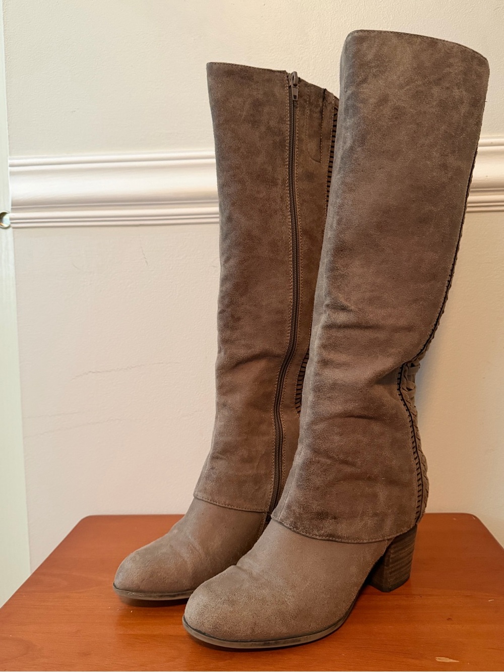 Fergie Taupe Suede Knee High Boots with Block Heel